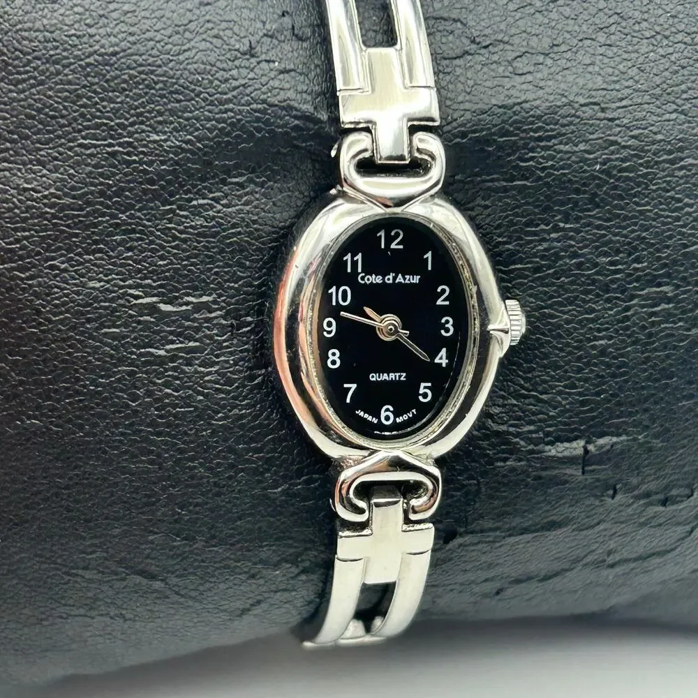 Cote d'Azur Silver Tone Black Dial Women’s Watch Working New Battery